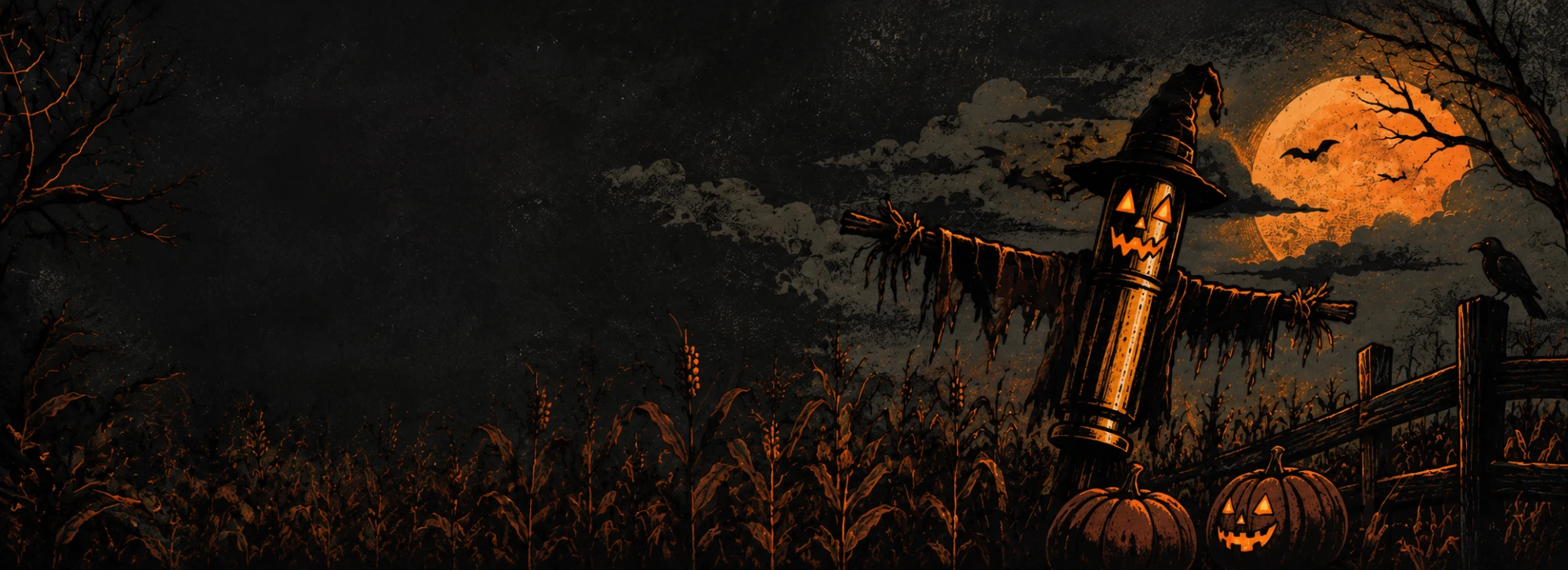 Illustration: a bullet-shaped scarecrow with a jack-o’-lantern face in a moonlit cornfield